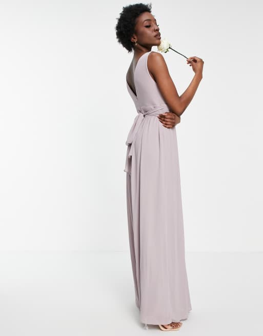 TFNC Tall Bridesmaid top wrap chiffon dress in light gray ASOS