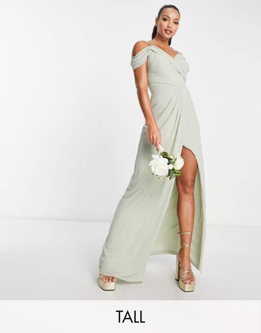 TFNC Tall Bridesmaid Wickelkleid in Salbeigrun mit drapierter Schulterpartie ASOS