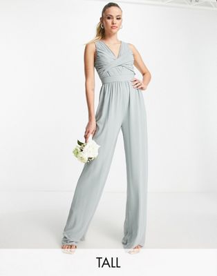 Tfnc Tall Bridesmaid Wrap Front Jumpsuit In Sage Green