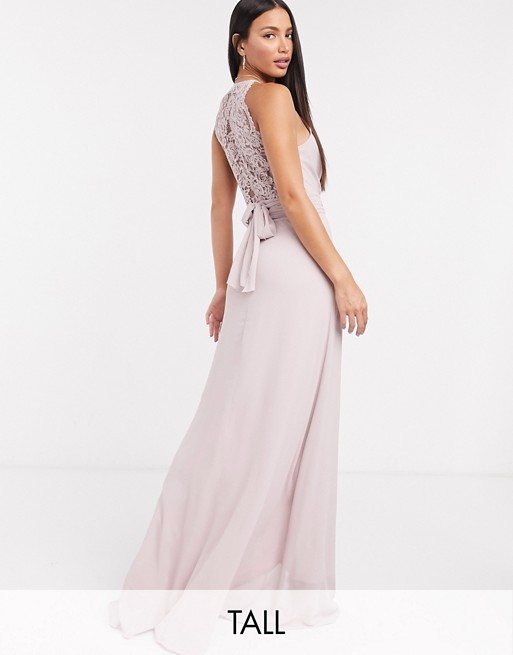TFNC Tall bridesmaid wrap lace maxi dress in pink
