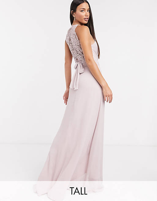 Women TFNC Tall bridesmaid wrap lace maxi dress in pink 