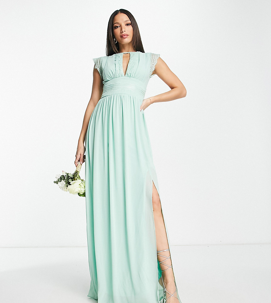 TFNC Tall Bridesmaids chiffon maxi dress with lace detail in sage-Brown