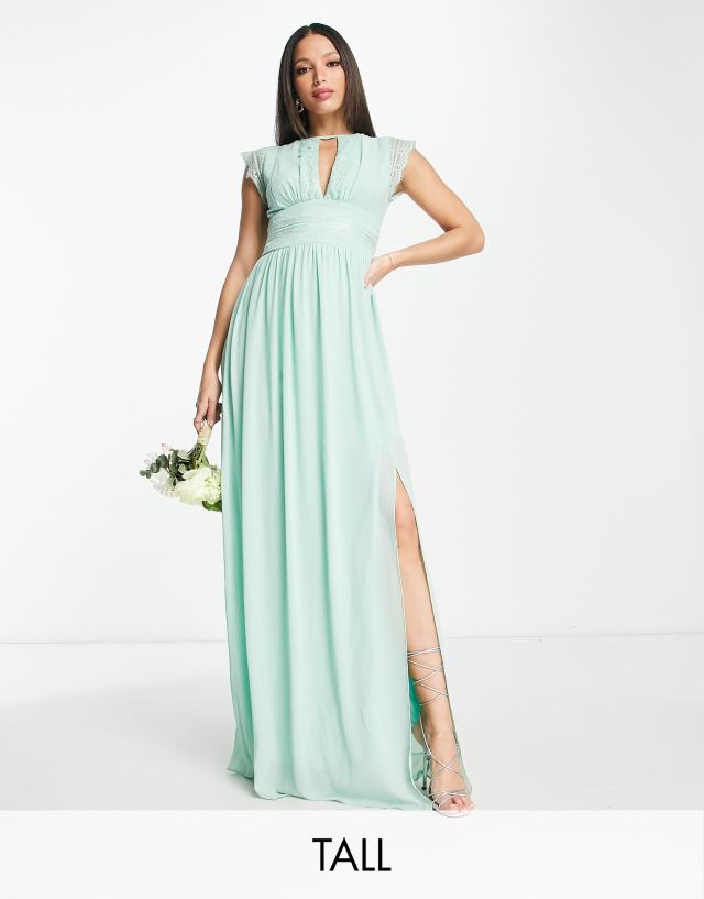 TFNC Tall Bridesmaids chiffon maxi dress with lace detail in sage