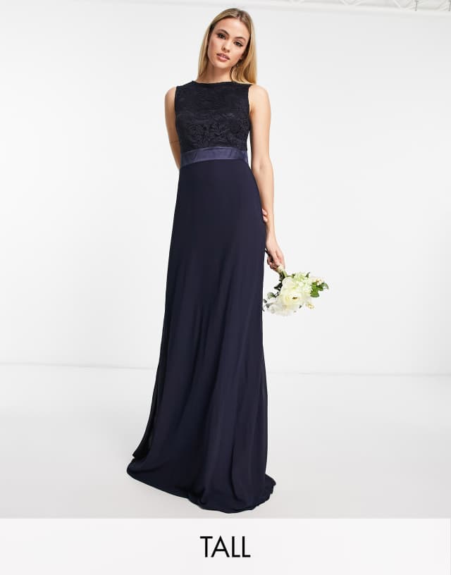 TFNC Tall Bridesmaids chiffon maxi dress with lace scalloped back in navy