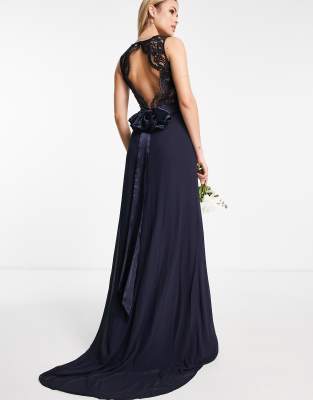 Navy High Neck Chiffon Maxi Dress