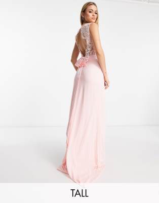 TFNC Tall Bridesmaids chiffon maxi dress with lace scalloped back in whisper pink  - ASOS Price Checker