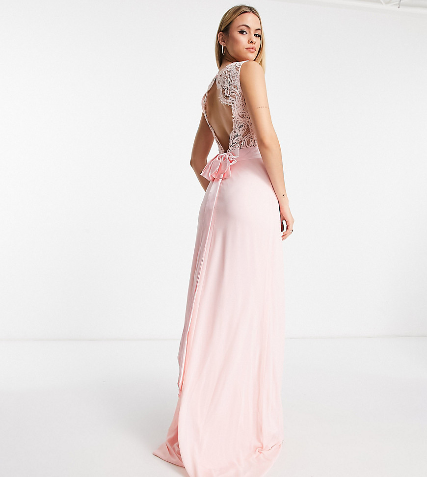 Tfnc Tall Bridesmaids Chiffon Maxi Dress With Lace Scalloped Back In Whisper Pink