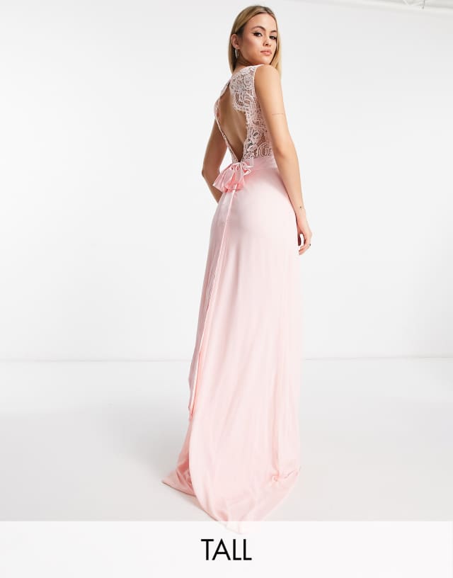 TFNC Tall Bridesmaids chiffon maxi dress with lace scalloped back in whisper pink