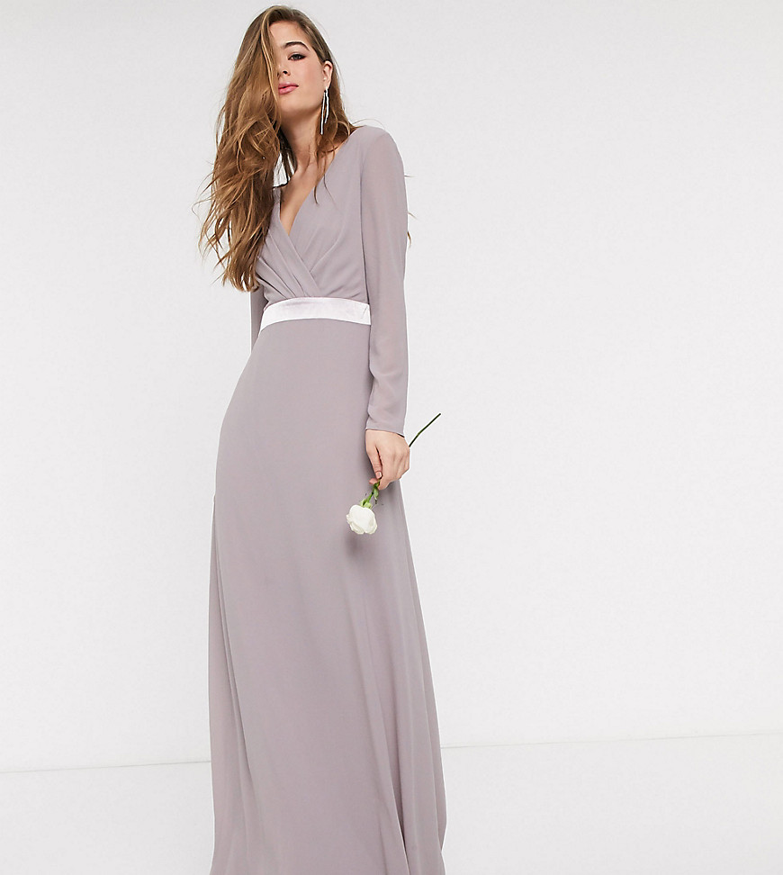 TFNC Tall Bridesmaids long sleeve bow back maxi dress dress in grey