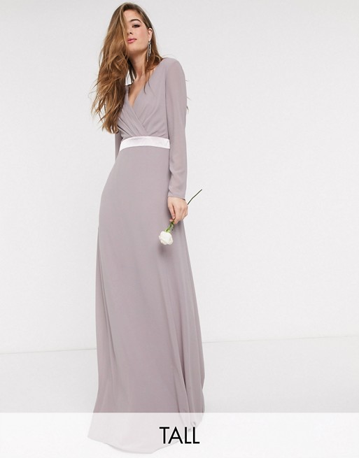 TFNC Tall Bridesmaids long sleeve bow back maxi dress dress in grey
