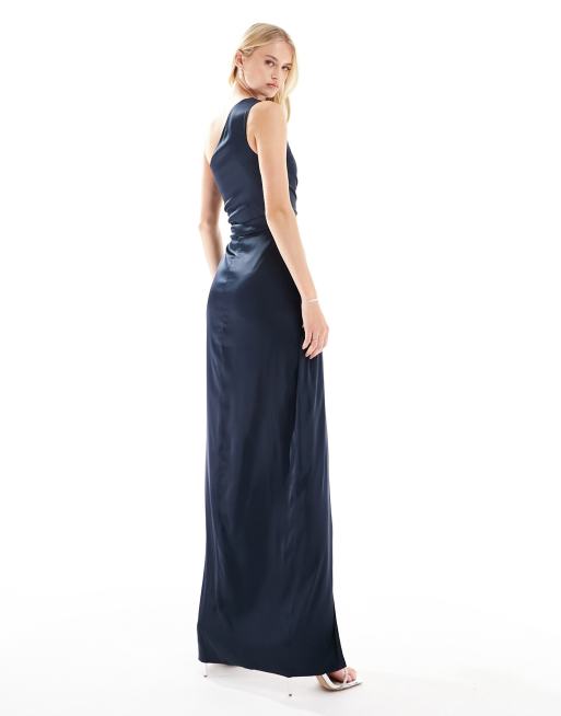 TFNC Tall Bridesmaids one shoulder maxi dress with pleated detail in navy ASOS