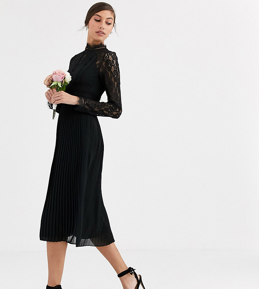 TFNC Tall - Bruidsmeisjes - Hoogsluitende midi-jurk met plooien en lange mouwen met kanten inzetstukken in zwart
