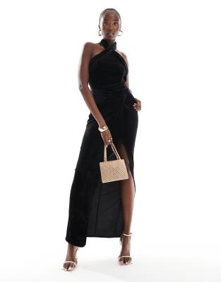 crepe halterneck maxi dress with thigh slit in black