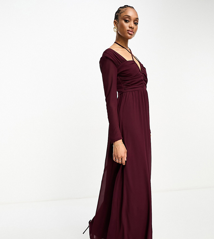 TFNC Tall halter neck long sleeve maxi dress with cut out details in plum-Blue