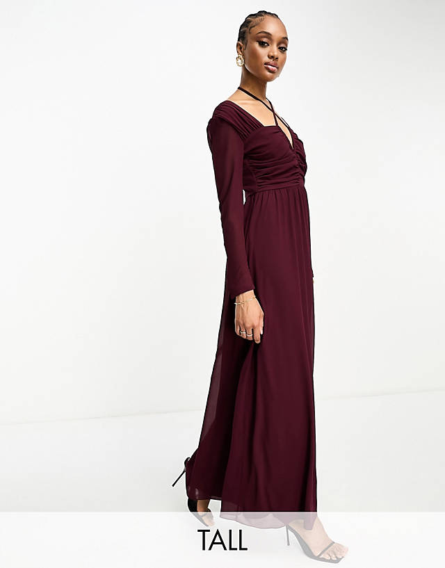 TFNC Tall - halter neck long sleeve maxi dress with cut out details in plum