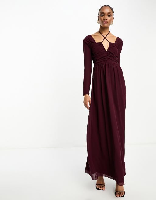 Plum gown with store sleeves