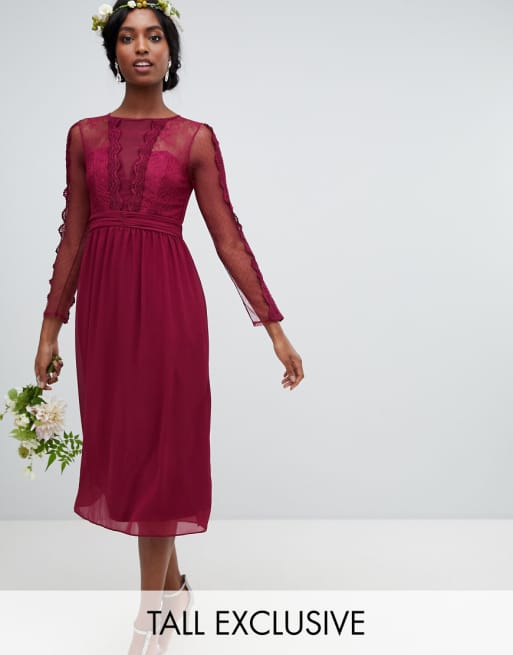 TFNC Tall lace detail bridesmaid midi dress in burgundy ASOS TFNC Tall lace detail bridesmaid midi dress in burgundy ASOS