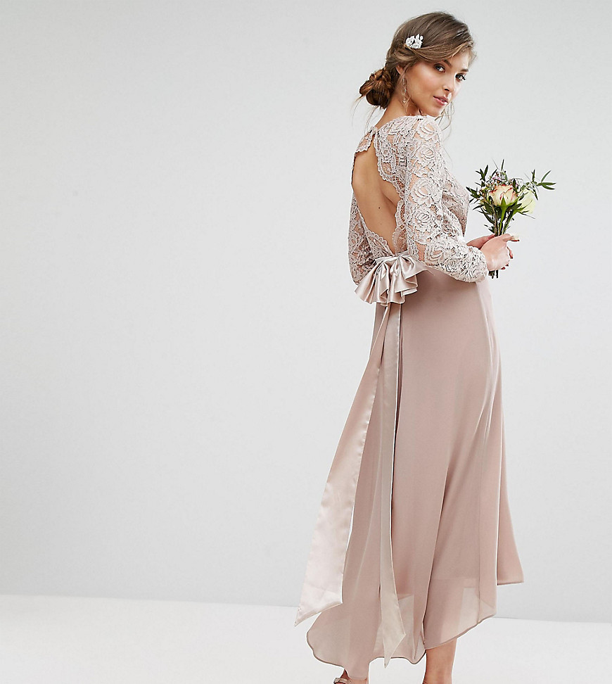 TFNC Tall Lace Midi Bridesmaid Dress With Bow Back-Pink