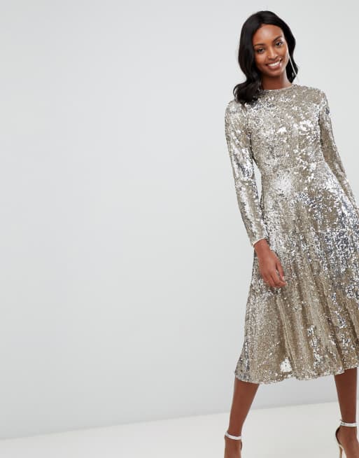 TFNC Tall long sleeve fit and flare sequin midi dress in gold