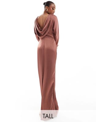 Tfnc Tall Long Sleeve Satin Cowl Back Maxi Dress In Mulberry-red