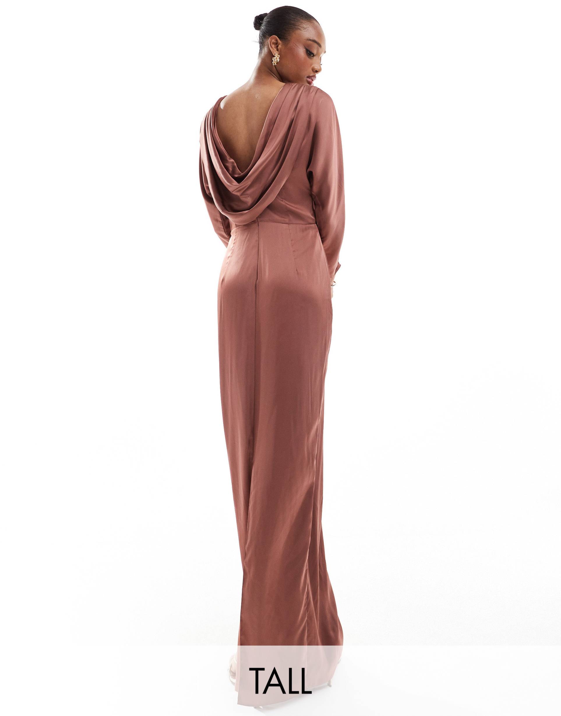 tfnc tall long sleeve satin cowl back maxi dress in mulberry