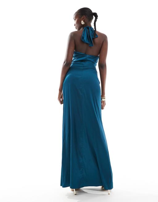 TFNC Tall - Maxi jurk van satijn met hoge halternek in groenblauw, 4 van 4