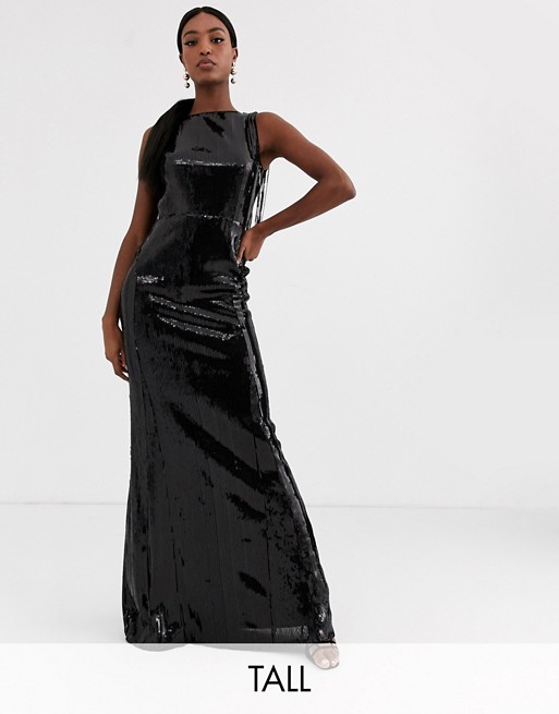 TFNC Tall maxi sequin dress with fringed back in liquid black