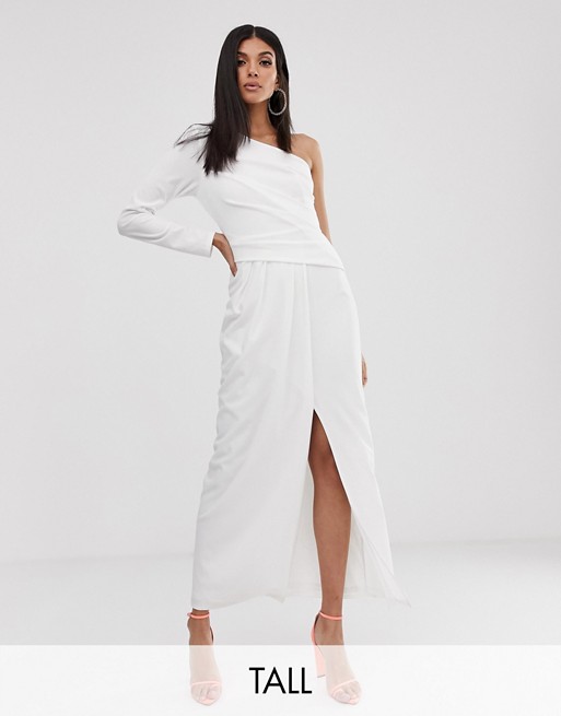 TFNC Tall one shoulder scuba maxi with thigh split in white