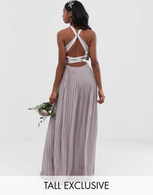 tfnc pleated maxi bridesmaid dress with cross back and bow detail