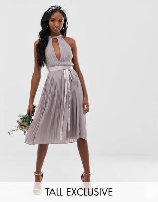 tfnc pleated midi bridesmaid dress with cross back and bow detail