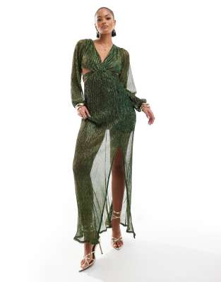 pleated shimmer maxi dress in emerald green