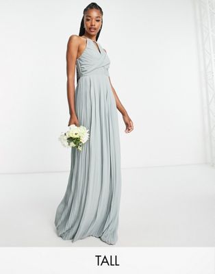 TFNC Tall bridesmaid pleated wrap detail maxi dress in sage - ASOS Price Checker
