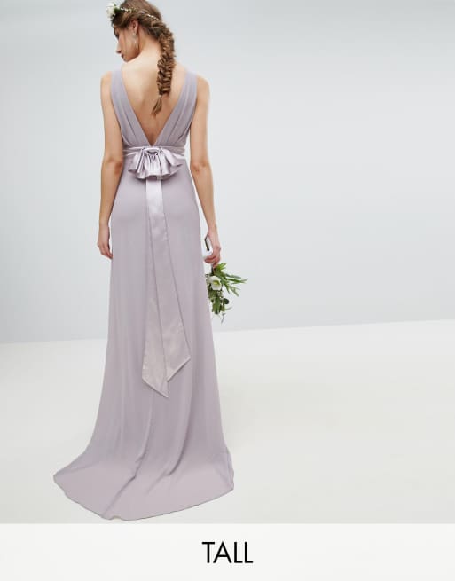 Sateen bow back maxi bridesmaid dress in outlet grey