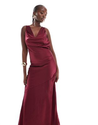 satin cowl back maxi dress in berry-Purple