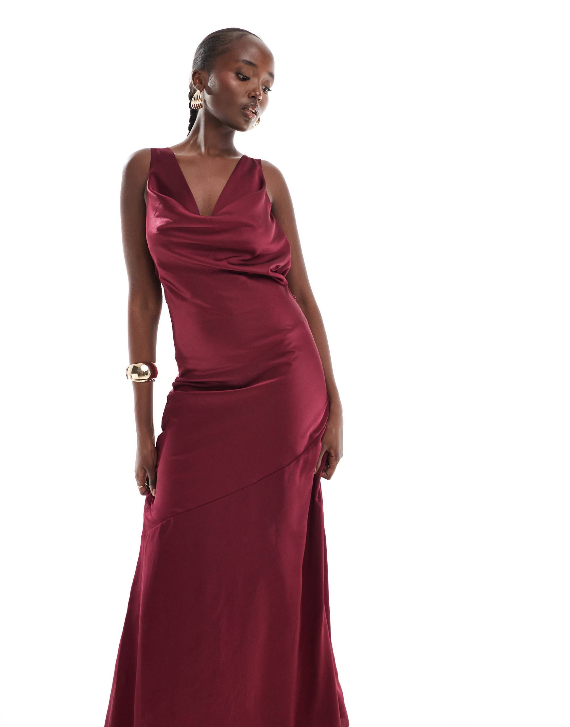 tfnc tall satin cowl back maxi dress in berry