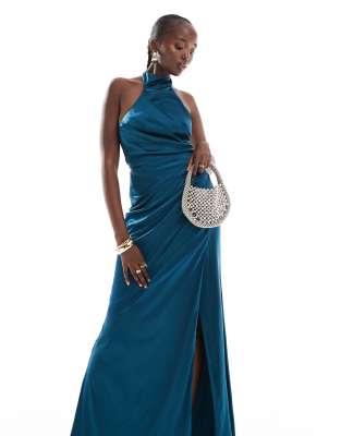 satin high halterneck maxi dress in teal-Blue