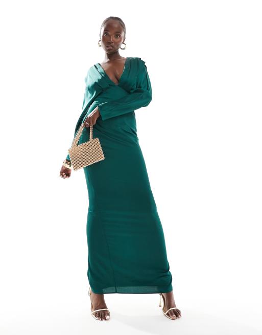 TFNC Tall satin kimono top maxi dress in emerald green