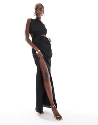 TFNC Tall - Satin-Maxikleid in Schwarz mit Zierausschnitt an der Taille