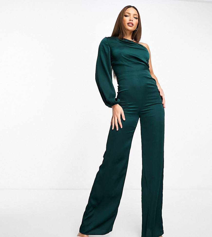 Tfnc Tall Satin One Shoulder Jumpsuit In Forest Green