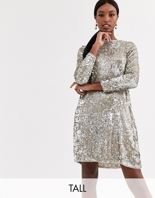 TFNC Tall sequin mini swing dress in silver and gold