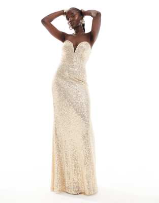 sequin strapless maxi dress in gold