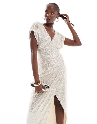 sequin wrap maxi dress in silver