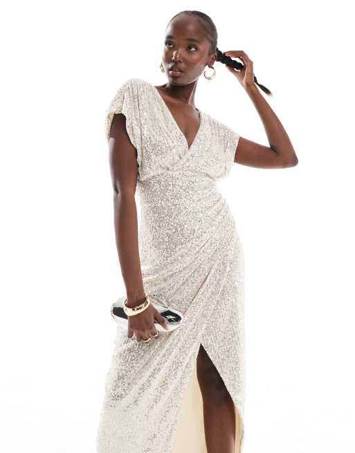 TFNC Tall sequin wrap maxi dress in silver ASOS