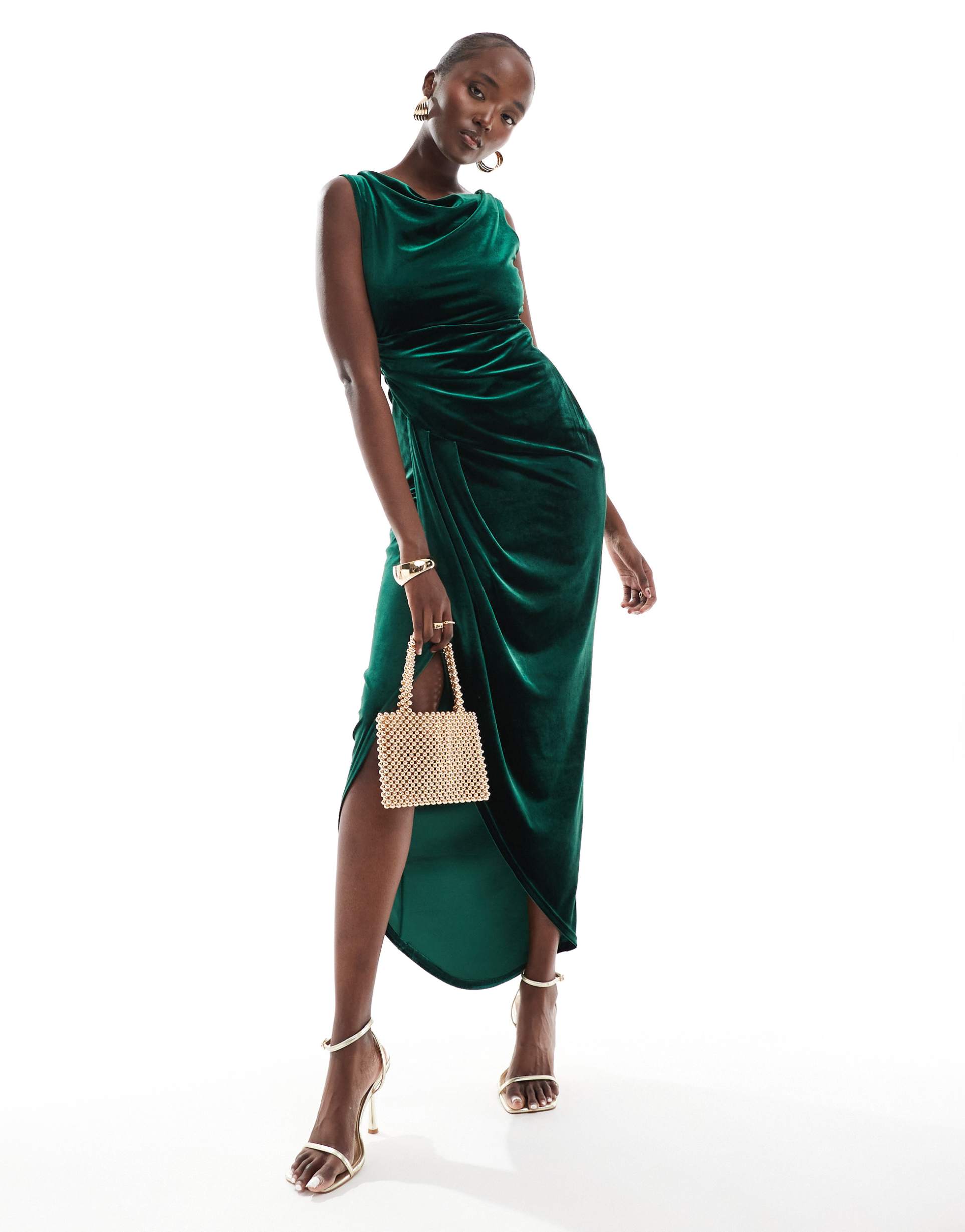 tfnc tall slash neck velvet maxi dress in emerald green