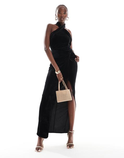 TFNC Tall - Velluto allacciato al collo in velluto nero con spacco sulla coscia - view 1