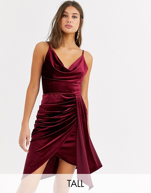 TFNC Tall velvet mini dress with drape detail in burgundy