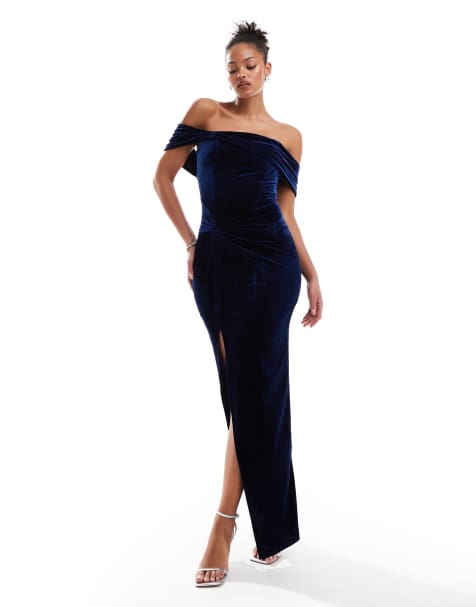 TFNC Tall velvet off shoulder maxi dress in navy - view 1