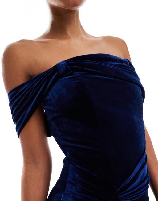TFNC Tall velvet off shoulder maxi dress in navy | ASOS
