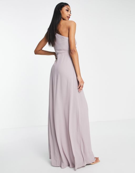 TFNC Tall - Vestito da damigella monospalla lungo in chiffon drappeggiato grigio lavanda, 2 di 4