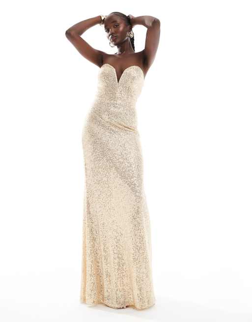 TFNC Tall - Vestito lungo color oro senza spalline con paillettes